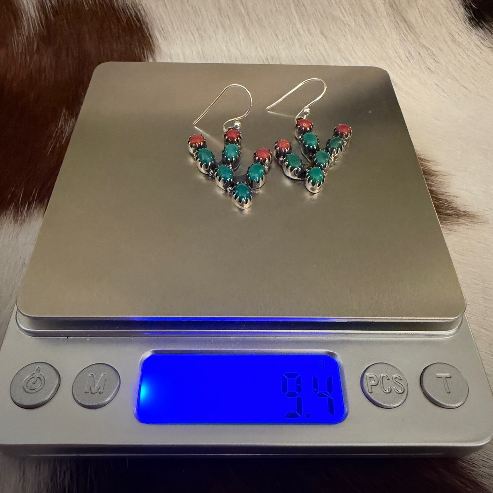 ❤️Kingman Turquoise Italian Coral Prickly Pear Cactus 925 Dangle Earrings 1.70”L - Picture 11 of 14